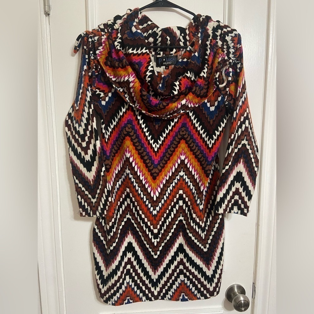 P Luca Milano Women's Small Missoni Inspired Print Cowl Neck Fleece Dress